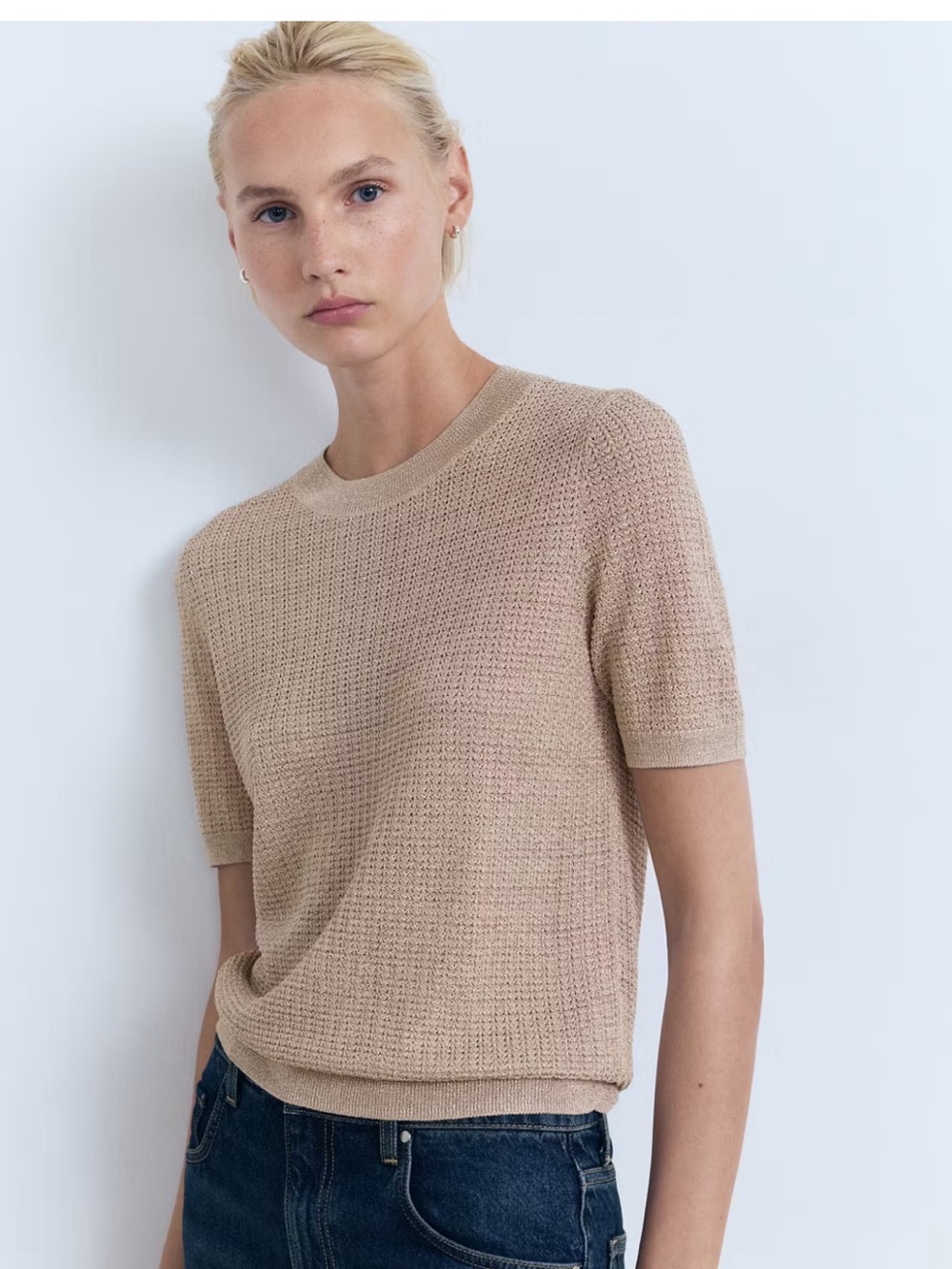 Mango SHORT-SLEEVED LUREX SWEATER Beige Glitter size Small